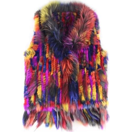 New colour real rabbit knitted fur vest with genuine raccoon fur collar women winter warm fur jacket overcoat