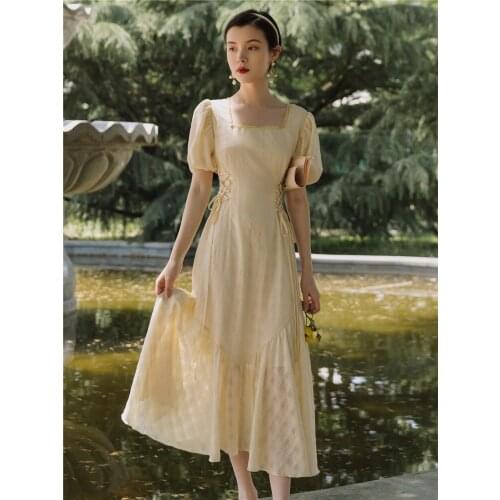 Retro Square Neck Elegant Dress Women Gentle Sweet Fairy Maxi Skirt Summer 2021 Puff Sleeve Lace Ruffled Fishtail Skirt Female