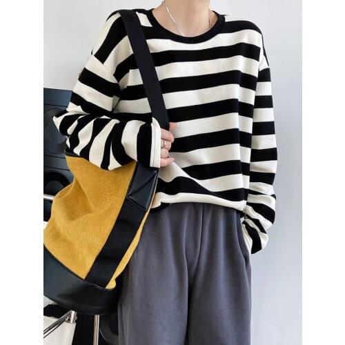 LMQ NEW Cotton Loose Lazy Casual Black White Striped Sweatshirts Long Sleeved O-Neck Pullover Bottoming T-Shirt Tops Hoodie