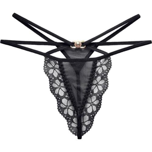 Sexy Temptation Low-Waist Cross Lace Thong Pearl Decoration Transparent Mesh Panties Flirt With Sexy Bundle G-String