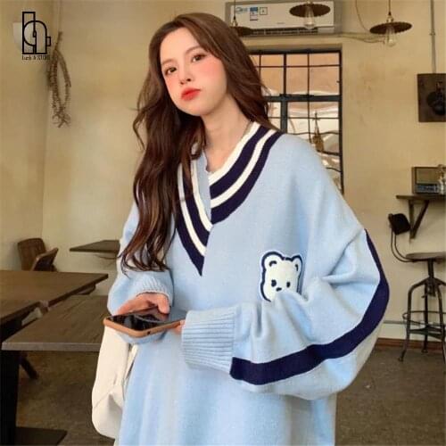 Luck A Autumn Bf Harajuku Women Simple Clothing Knit Top Korean Loose Casual Sweater Design Collar Blue Sweet Bear Pullover