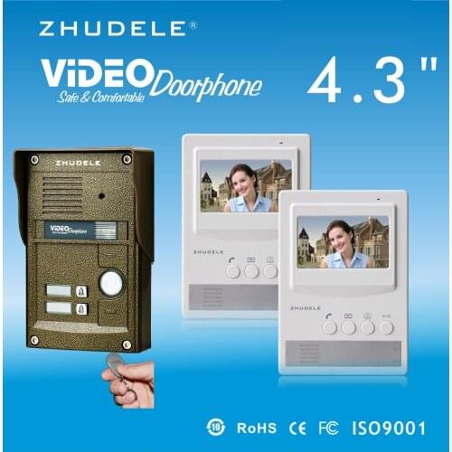 ZHUDELE RFID Panel Outdoor Camera For 2 apartments - 4.3 Inch Video Door Phone Intercom System Doorbell w/t ID Card unlocking