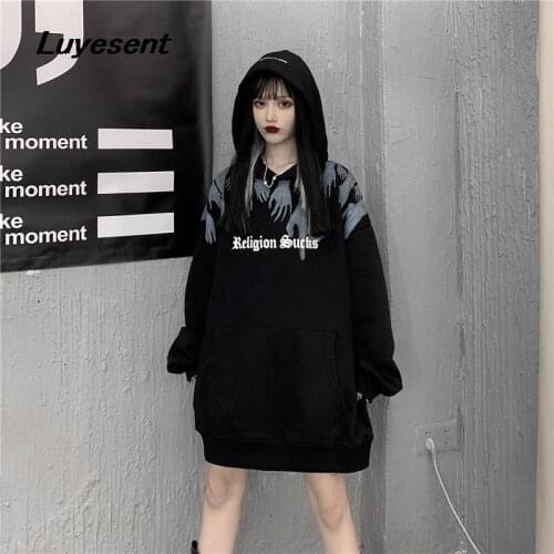 Black Gothic Lady Loose Hooded Sweatshirt Autumn Women Hand Letter Print Harajuku Pullover Hoodies Goth Long Sleeve Streetwear