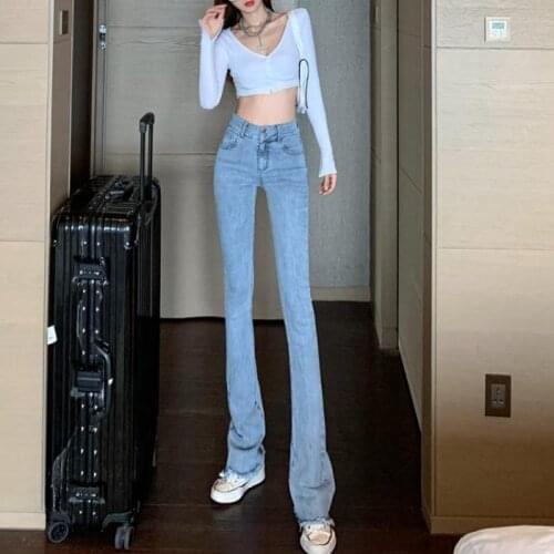 2021 New Spring Summer Long Stretchable Flared Denim Pants High Waist Slim Jeans Chic Casual Streetwear Long Trousers For Women