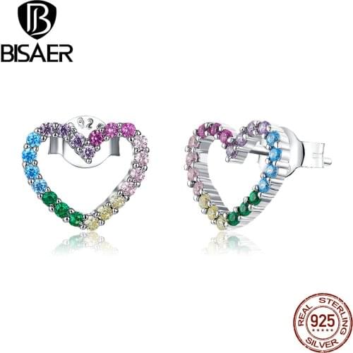 BISAER Rainbow Hollow Heart Stud Earrings 925 Sterling Silver Colorful Zircon Small Earrings For Women Luxury Jewelry ECE891