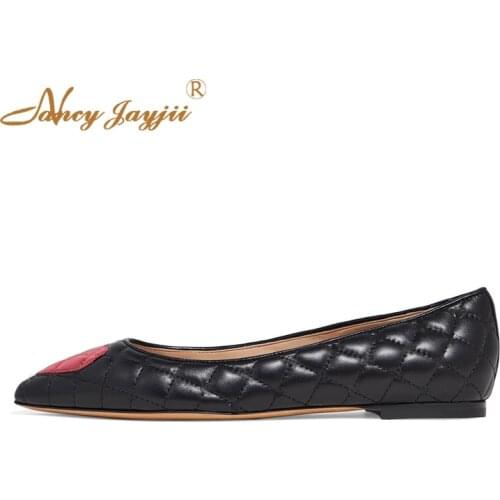 Pink Heart Cute Quilted Black Ballerina Flats Casual Office Shoes For Womens Plus Size 45 2020 Spring Dress Party Fetish Pointed