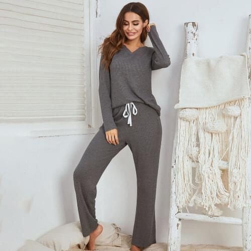 Women Pajamas Set Spring Autumn V-Neck Long Sleeve Pullover T-shirt with Long Pants Solid Loungewear Sleepwear Home Wear Suit