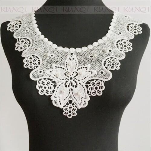 1Pc Embroidered Luxurious With Pearl White Lace Neckline Collar Applique Motif Patches Scrapbooking Sewing NC13