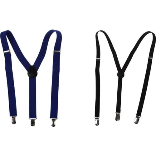 2x Adult Adjustable Metal Clamp Elastic Suspenders Braces Dark Blue & Black