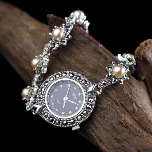 BOCAI REAL S925 Pure Silver Jewelry Retro-vintage Betel Beads Low-key Luxury Womens Watch Bracelet