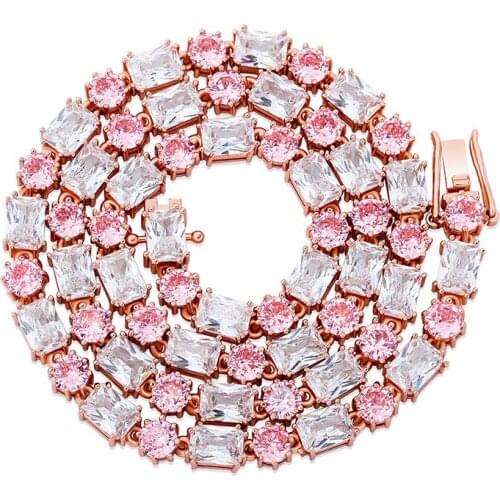 Hip Hop Bling Iced Out Geometric Square Pink White 5A CZ Stone Tennis Link Chain Chokers Necklaces for Men Women Rapper Jewelry