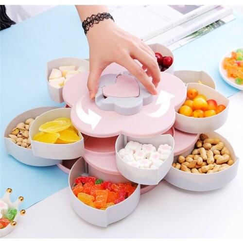 2-Layer Rotating Petal Candy Box Plastic Snack Tray Case Nut Storage Box Rotation Dried Fruit Plate Wedding Gift Home Organizer
