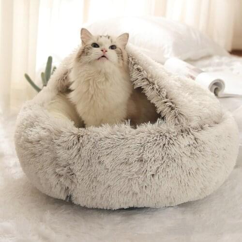 Round Plush Cat Sleeping Beds & Mat Warm Soft Pet Products House Soft Solid Long Plush Bed For Small Dogs Animals Sleeping Sofa