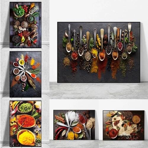 Kitchen Variety of Seasoning Spoon Art Canvas Print Painting Wall Picture Living Room Modern Home Decoration Poster