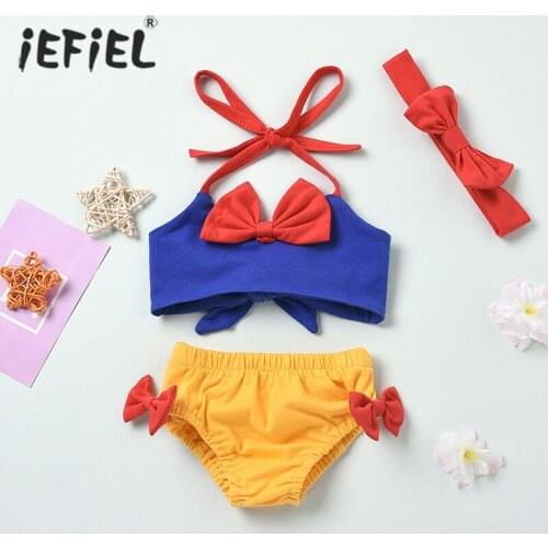 Summer Toddler Infant Baby Girls Clothes Sleeveless Halter Bowknot Crop Tops Briefs Bowknot Head Band 3pcs Sunsuit Outfits Set