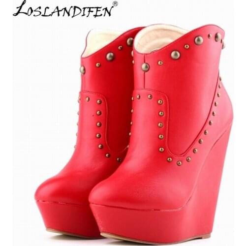 Loslandifen Womens Shoes Matte Finish Leahter Platrorm Ankle Boots Rivets High Heels Wedge Us5-10