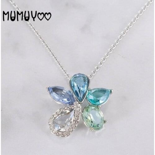 Fashion jewelry high quality 2020 new, glamor simple blue green crystal color flower water women necklace pendant clavicle chain