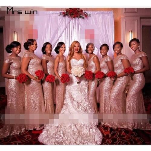 Mrs win Bridesmaid Dresses For Women O-neck Sequins Elegant Wedding Guest Dress Plus Size Sleeveless Long Vestido Madrinha HR093