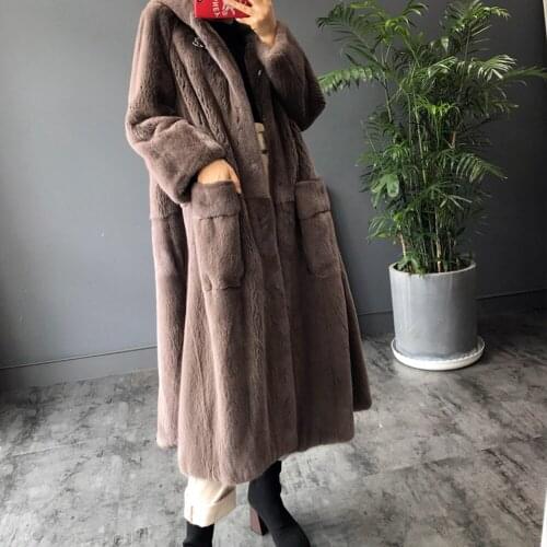 2019 New Real Womens Mink Fur Coat Womens Long Hooded Mink Fur Coat Womens Plus Size Warm Fur Jacket