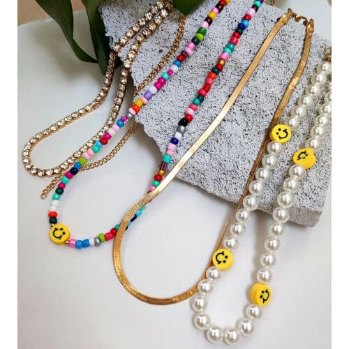 4 Pcs/Set Bohemian Smiley Pearl Beaded Necklace Rhinestone Choker Chain Snake Necklaces For Women Colorful Acylic Bead Strands