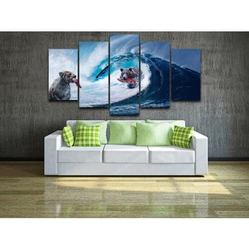 Prints Pictures Home Wall Artwork Modular Poster 5 Panel Bears Sea Wave Giant Fish Painting On Canvas Living Room Decor Framed