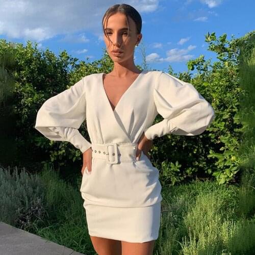 Sexy V Neck Long Sleeve Belt Woman Dress Solid Fashion Elegant Slim Dresses Mature Chic Outfits Puff Sleeve Streetwear