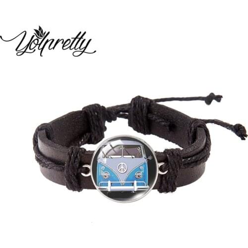 Beach bus Car Collectors Bus Peace Sign New Fashion Lace-up Leather Bracelet Glass Cabochon Charm Pendants Jewelry for men