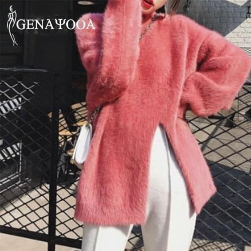 Genayooa Split Cashmere Sweater Women Winter Pullover Solid Knit O Neck Long Sleeve Womens Sweater Long Loose Soft Jumper Ladies