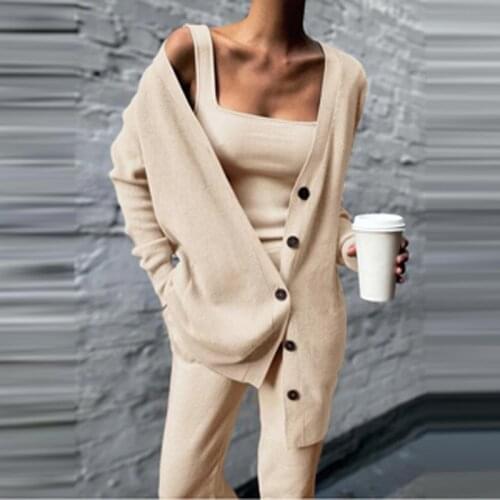 Spring Solid Rib Knitted 3 Piece Sets Women Elegant Strapless Top and Long Pants Suit Sexy Single Breasted Long Cardigan Outfits