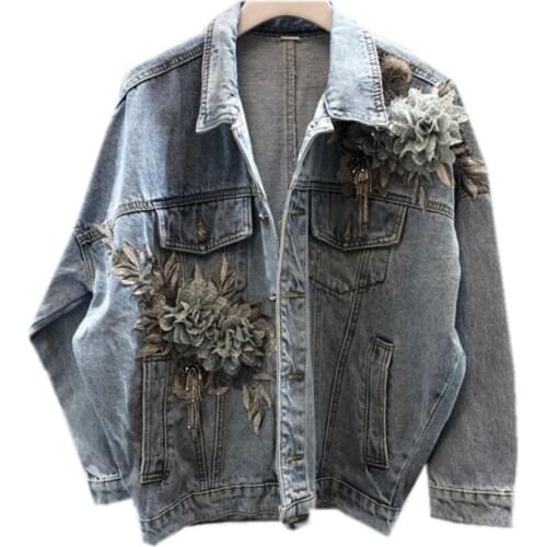2020 Autumn Women Embroidery Three Dimensional Flowers Denim Coat Woman Long Sleeve Jean Jacket
