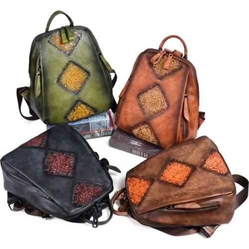 Women Bag Solid Color Muti-Function Backpacks Handmade Retro Embossed Floral Backpack for Women Genuine Cowhide Leather Fashion