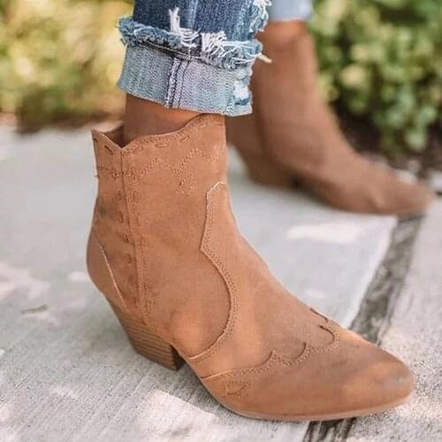 Leather Boots Women Genuine Pointed Toe Mid Heel Ankle Boots Thick Square Heel Slip On Western Boots Cowboy Boots Women New