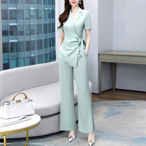 Summer Women Short Blazer And Split Full Wide Leg Pants Sets Two Pieces Drawstring Jacket Formal Suit Causal Work Trousers