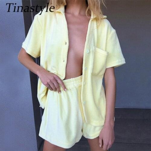 Tinastyle Yellow Two Piece Set Casual Women Tracksuit Summer 2021 Long Sleeve Buttons Shirt And Mini Shorts Loose Lounge Wear
