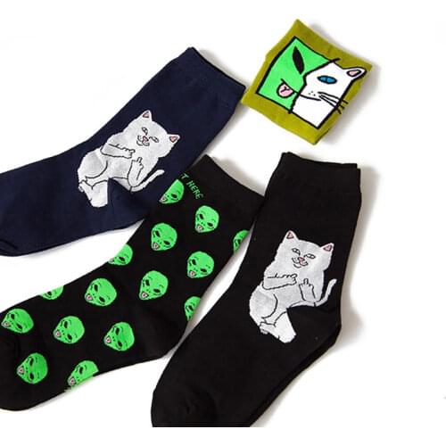 1 Pair Autumn Winter Women Cotton Socks Men Funny Alien Planet Creative Cute Cartoon Cat Breathable Couple Sox Soft Comfortable