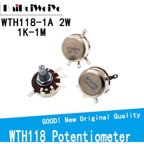 2PCS WTH118 2W 1A Potentiometer 1K 2.2K 4.7K 10K 22K 47K 100K 470K 1M WTH118-2W Round Shaft Carbon Rotary Taper Potentiometer