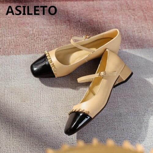 ASILETO 2021 New Women genuine leather shoes Patent leather Round toe Chain Buckle Square heel Fashion Sweets Female Single