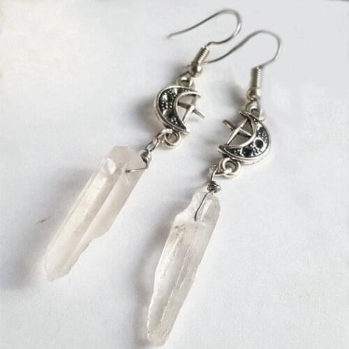 Bohemia Earrings Clear Quartz Moon Earrings Natural Stones Esoteric Celestial Alternative Romantic Star Gift