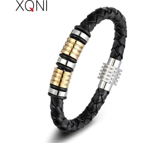 XQNI Gold/Steel Round Magnetic Clasp Genuine Leather Bracelet For Men Female Snake Chain Fashion Jewelry Accessories Discount