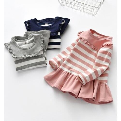 Dress 2020 New Girls Fungus Lace Children Baby Striped Long-Sleeve Pleated Short