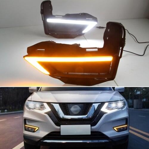 LED DRL Daylights For Nissan X-trail T32 Xtrail 2017 2018 2019 Yellow Turn Signal Daytime Running Headlamps Auto Driving Lamp