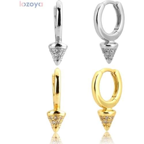 LOZOYA 925 Sterling Silver Small Mini Fashion Fine Jewelry Huggies 6.5mm Hoops Crystal CZ Zircon Spike For 2021 Rock Punk Party