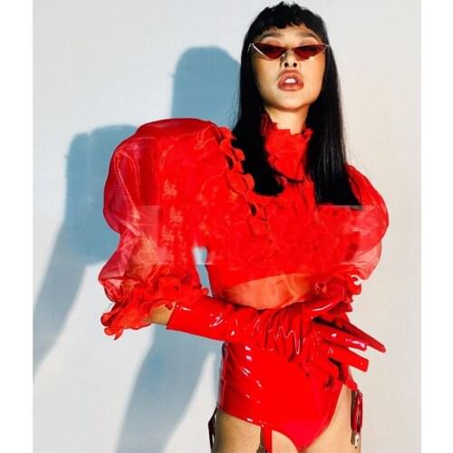 Red Puff Sleeve Jumpsuit Leather Pants Pole Dance Clothes Women Bodysuit Gogo Costume Nightclub Ds Rave Outfit Stage Wear XS2521