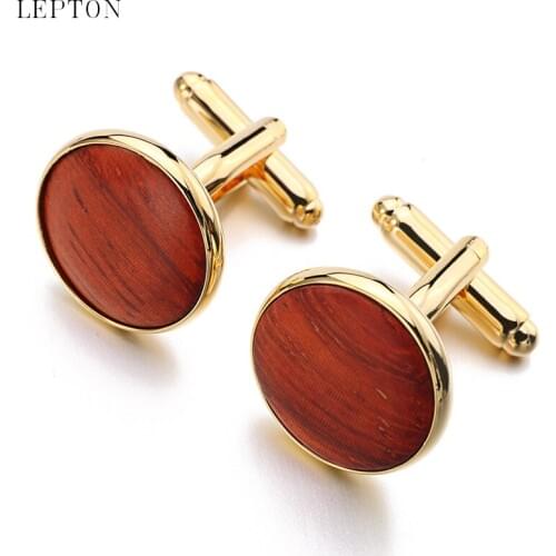 Lepton High Quality Round Wood Cufflinks tuxedo studs Sets Gold Color Plated Mens cuff links Formal Business wedding Jewelry