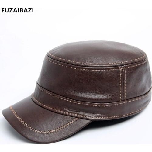 FUZAIBAZI Fashion Genuine Leather Military Cap Mens Women Spring Fall Adjustable New Cowhide Flat Cap Trend Peaked Caps
