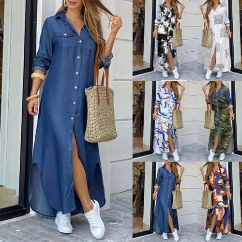 Fashion Korean Plus Size Denim Dress For Women Summer Dress 2021 Lapel Split Sexy Long Maxi Jeans Dress Vestidos De Mujer