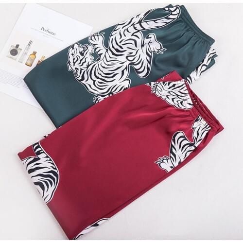 Men Sleep Bottoms Pantalon de pyjama Simulation Tiger Printing Silk Lingerie Men Animal Print Long Sleep Pants pajamas for men