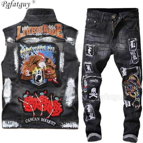 Black Autumn Mens Wash Embroidery Eagle Head Paint Denim Vest and Embroidered Tiger Skull Badge Jeans Two Piece Set Ropa Hombre