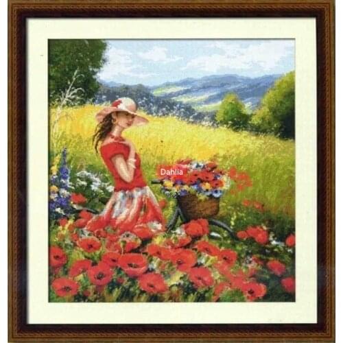 In the Poppy Fields Art Girl Cross Stitch Kits Crafts Top Quality Embroidery Needlework DIY 14CT Canvas Unprinted Decor Handmade
