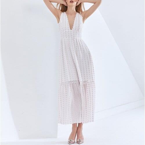 New Summer Long Dress For Women Deep V neck Pink Heart Dot Temperament Sleeveless Chiffon Dresses Quality Big Hem Dress Back Bow